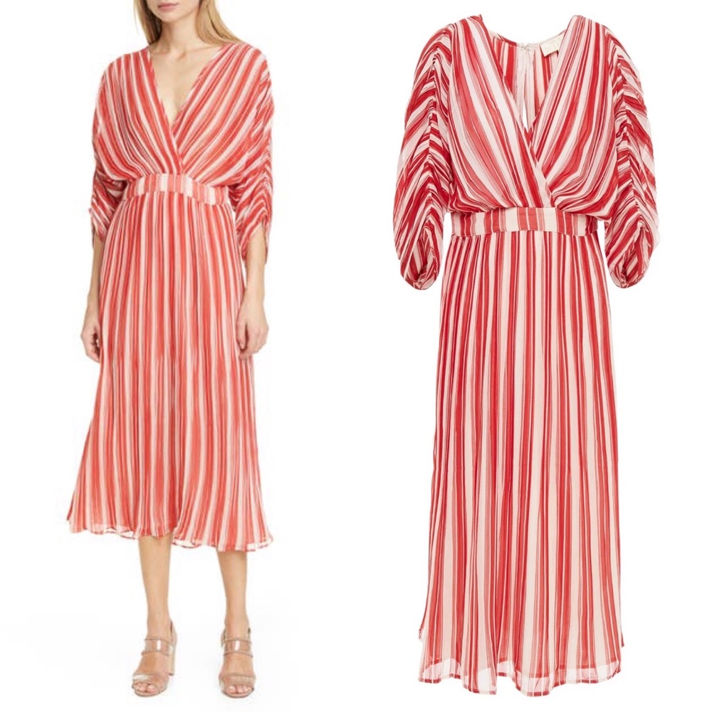 byTiMo Plisse Red Stripe Wrap Bust Midi Dress